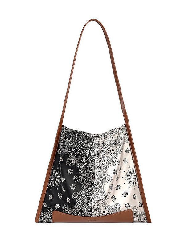 Simple Brown Print Patchwork Calf Leather Silk Satins Satchel Handbag