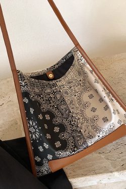 Simple Brown Print Patchwork Calf Leather Silk Satins Satchel Handbag