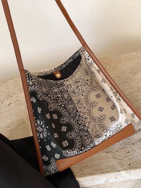 Simple Brown Print Patchwork Calf Leather Silk Satins Satchel Handbag