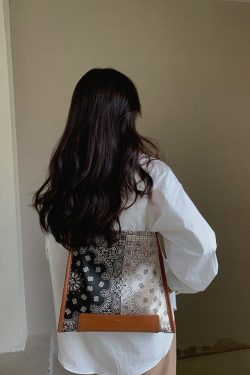 Simple Brown Print Patchwork Calf Leather Silk Satins Satchel Handbag