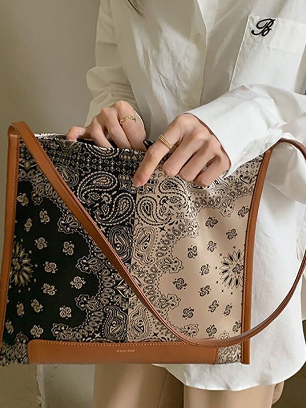 Simple Brown Print Patchwork Calf Leather Silk Satins Satchel Handbag