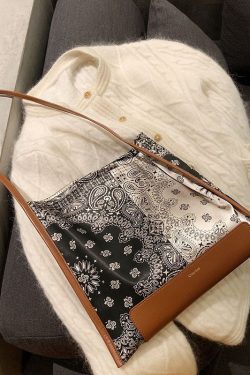 Simple Brown Print Patchwork Calf Leather Silk Satins Satchel Handbag