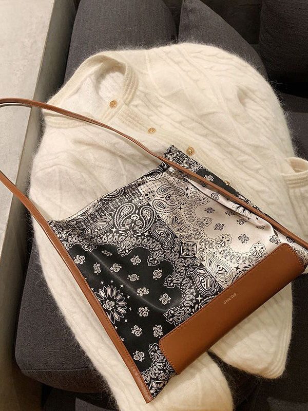 Simple Brown Print Patchwork Calf Leather Silk Satins Satchel Handbag