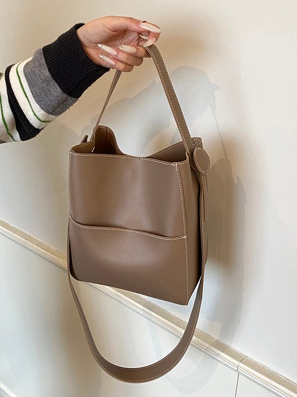 Simple Coffee Large Capacity Faux Leather Versatile Bucket Bag