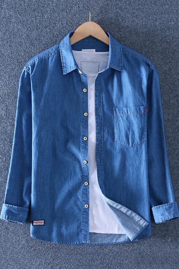 Simple Dark Blue Peter Pan Collar Pockets Solid Denim Men Shirts Spring