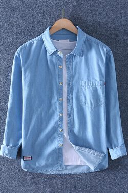 Simple Dark Blue Peter Pan Collar Pockets Solid Denim Men Shirts Spring