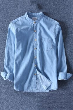 Simple Dark Blue Peter Pan Collar Pockets Solid Denim Men Shirts Spring