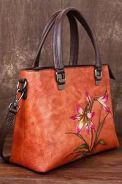 Simple Green Floral Paitings Calf Leather Tote Handbag