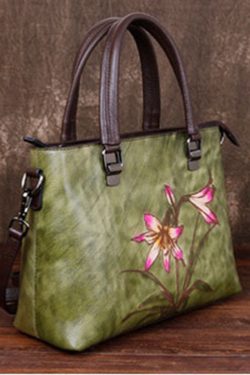 Simple Green Floral Paitings Calf Leather Tote Handbag