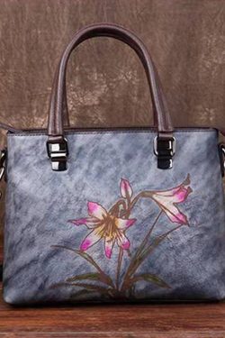 Simple Green Floral Paitings Calf Leather Tote Handbag