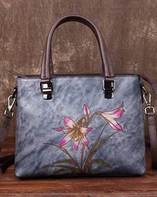 Simple Green Floral Paitings Calf Leather Tote Handbag
