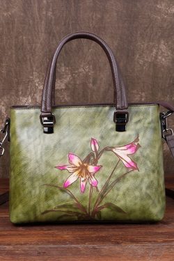 Simple Green Floral Paitings Calf Leather Tote Handbag