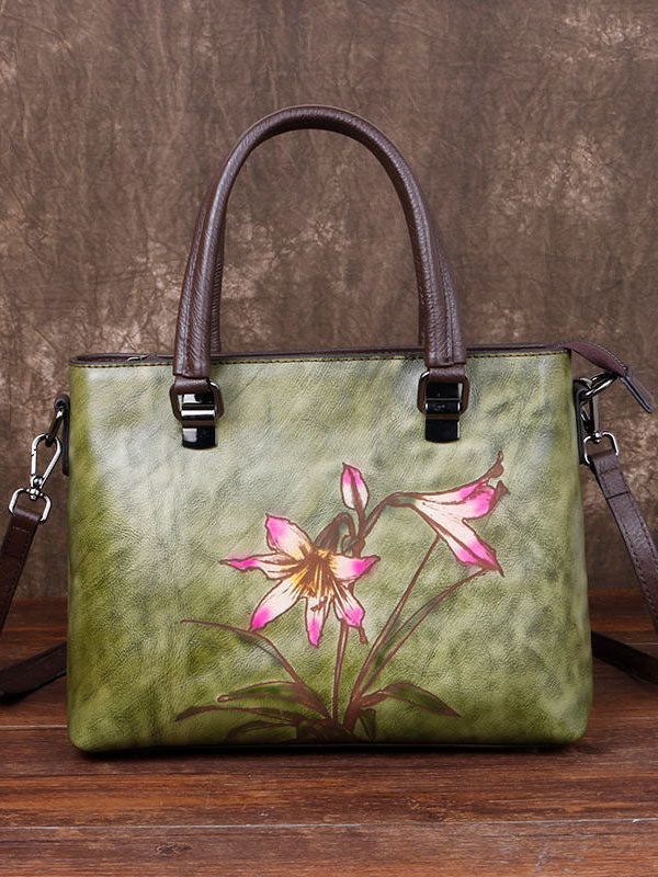 Simple Green Floral Paitings Calf Leather Tote Handbag