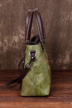 Simple Green Floral Paitings Calf Leather Tote Handbag
