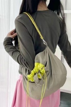 Simple Khaki Patchwork Drawstring Canvas Satchel Handbag