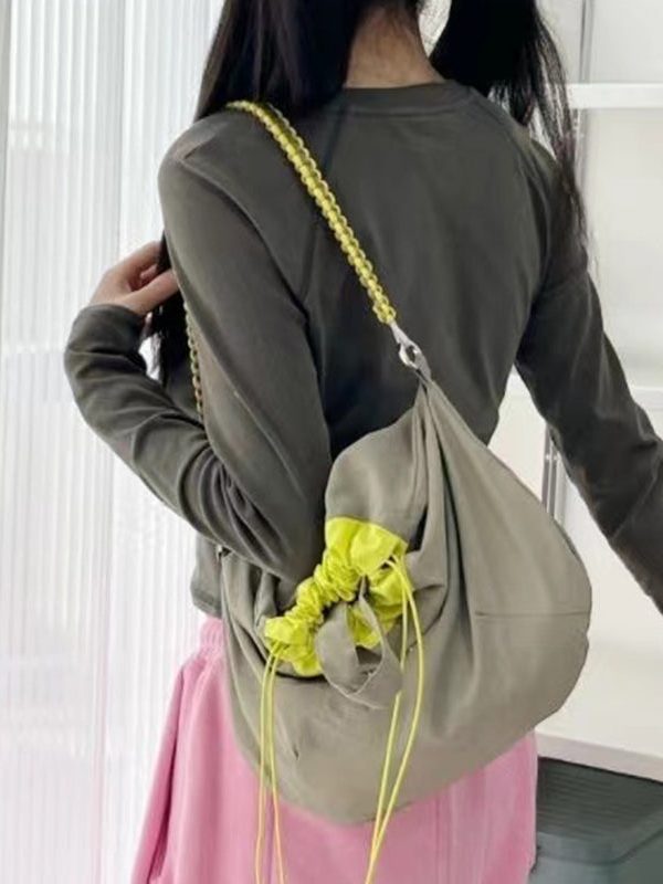 Simple Khaki Patchwork Drawstring Canvas Satchel Handbag