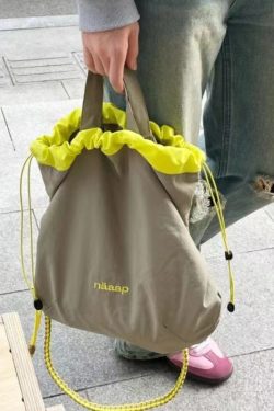 Simple Khaki Patchwork Drawstring Canvas Satchel Handbag