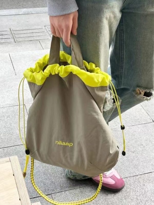 Simple Khaki Patchwork Drawstring Canvas Satchel Handbag