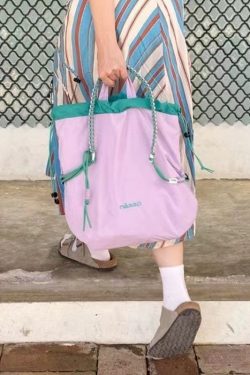 Simple Khaki Patchwork Drawstring Canvas Satchel Handbag