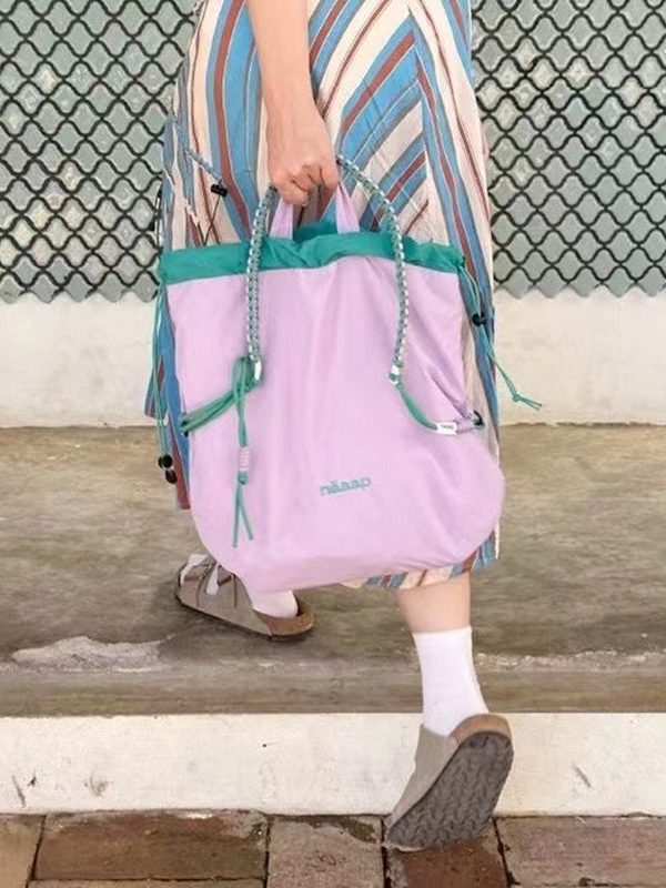 Simple Khaki Patchwork Drawstring Canvas Satchel Handbag