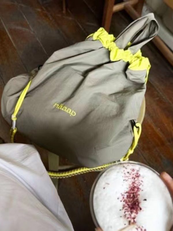 Simple Khaki Patchwork Drawstring Canvas Satchel Handbag