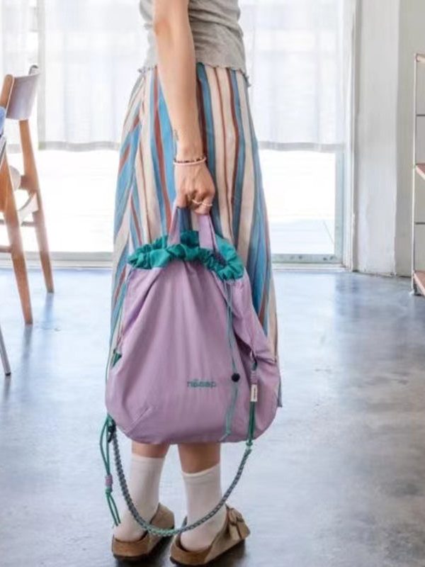 Simple Khaki Patchwork Drawstring Canvas Satchel Handbag