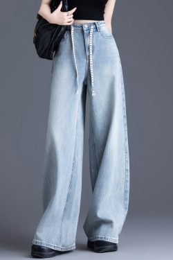 Simple Light Blue Oversized Drawstring Denim Straight Pants Spring