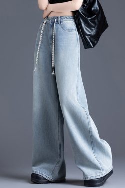 Simple Light Blue Oversized Drawstring Denim Straight Pants Spring