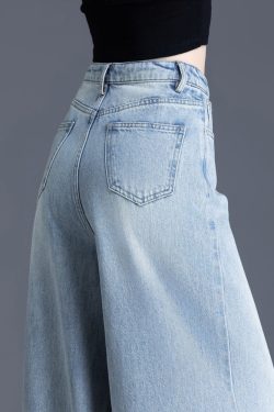 Simple Light Blue Oversized Drawstring Denim Straight Pants Spring