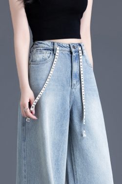 Simple Light Blue Oversized Drawstring Denim Straight Pants Spring