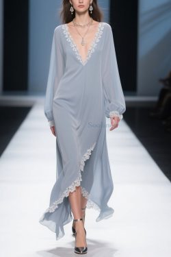 Simple Light Haze Blue Lace Side Open Chiffon Dress Lantern Sleeve