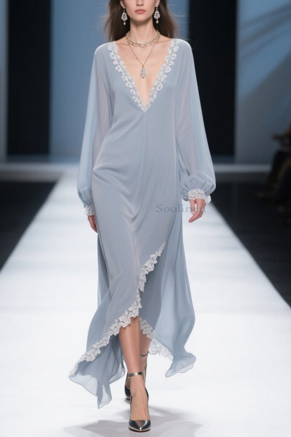 Simple Light Haze Blue Lace Side Open Chiffon Dress Lantern Sleeve