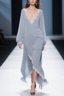 Simple Light Haze Blue Lace Side Open Chiffon Dress Lantern Sleeve