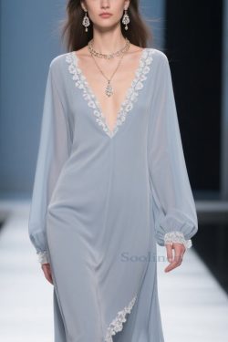Simple Light Haze Blue Lace Side Open Chiffon Dress Lantern Sleeve