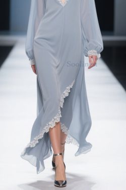 Simple Light Haze Blue Lace Side Open Chiffon Dress Lantern Sleeve