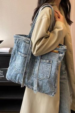 Simple Navy Letter Denim Durable Satchel Bag Handbag