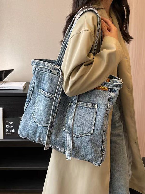 Simple Navy Letter Denim Durable Satchel Bag Handbag