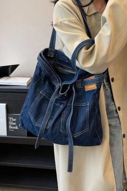 Simple Navy Letter Denim Durable Satchel Bag Handbag