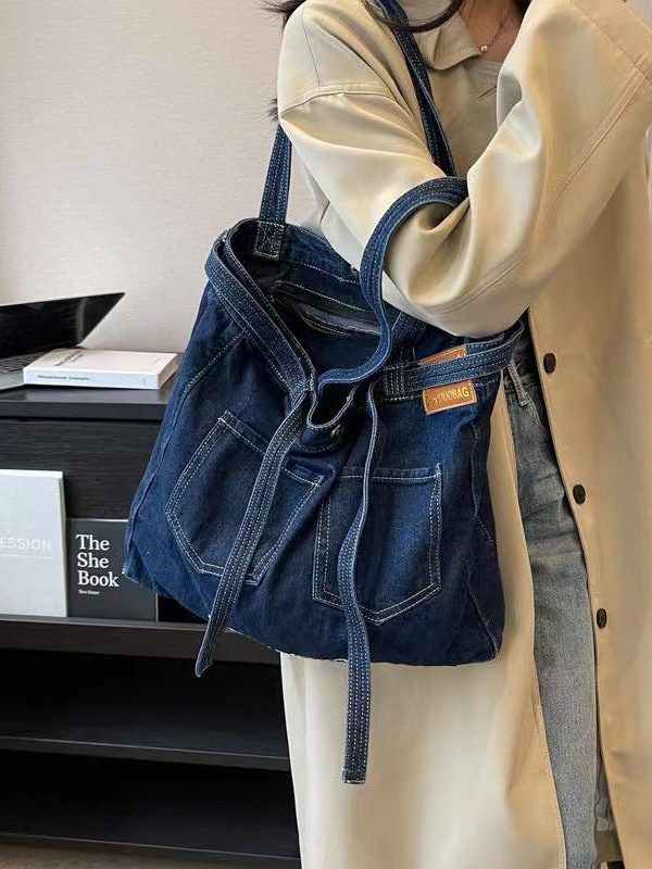 Simple Navy Letter Denim Durable Satchel Bag Handbag