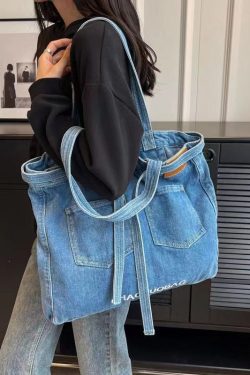 Simple Navy Letter Denim Durable Satchel Bag Handbag