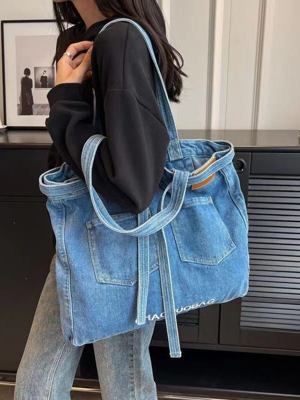Simple Navy Letter Denim Durable Satchel Bag Handbag