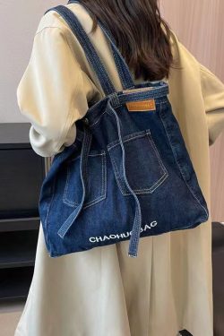 Simple Navy Letter Denim Durable Satchel Bag Handbag