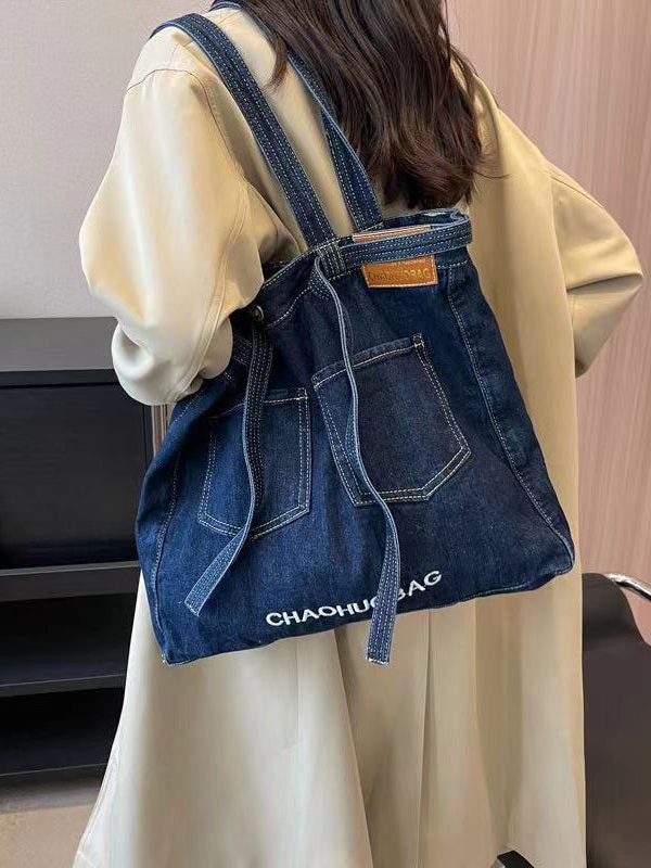 Simple Navy Letter Denim Durable Satchel Bag Handbag