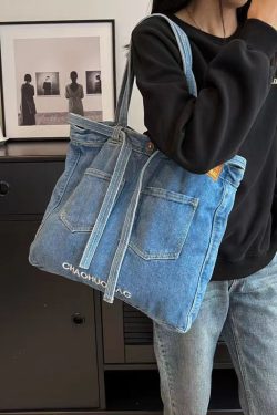 Simple Navy Letter Denim Durable Satchel Bag Handbag