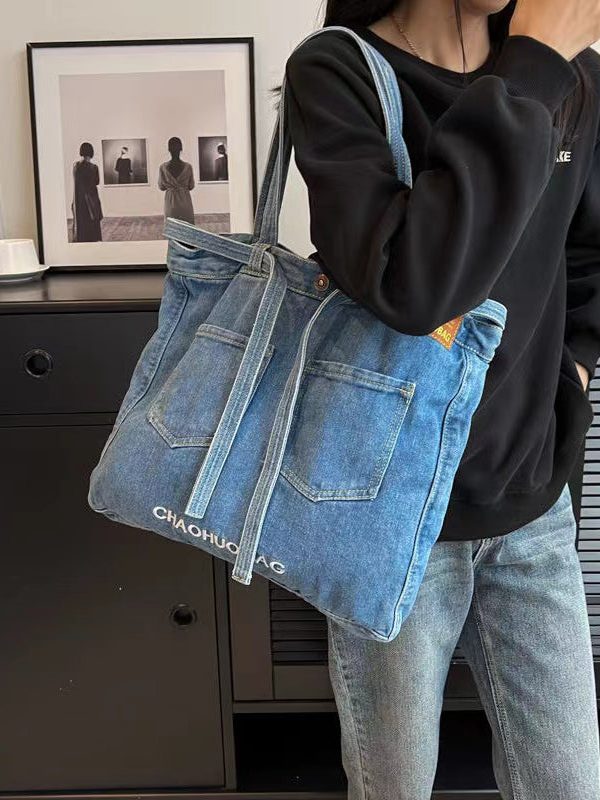 Simple Navy Letter Denim Durable Satchel Bag Handbag