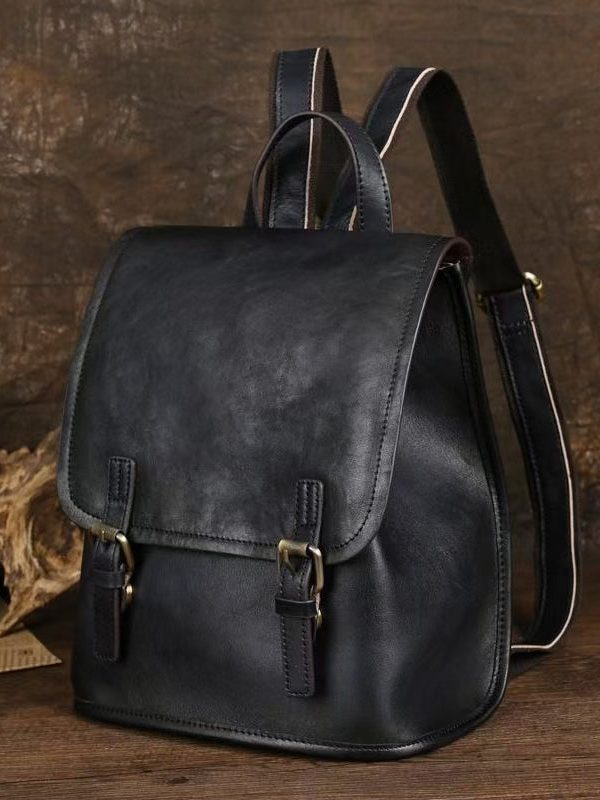 Simple Style Black Large Capacity Calf Leather Backpack Bag