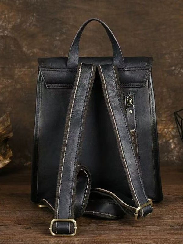 Simple Style Black Large Capacity Calf Leather Backpack Bag
