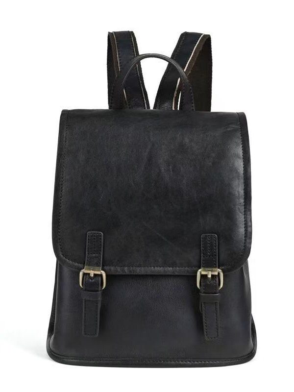 Simple Style Black Large Capacity Calf Leather Backpack Bag