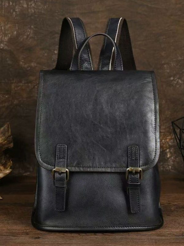 Simple Style Black Large Capacity Calf Leather Backpack Bag
