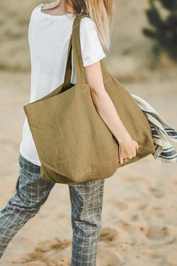 Simple Style Large Capacity Linen Tote Handbag